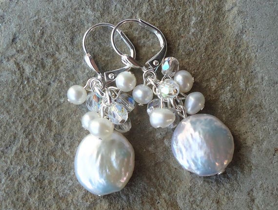 Keshi Coin Pearl Cluster Earrings.Crystals.White.Dangle.Crystal.Gold.Silver.Statement.Bridal.Valentine. top Birthday.Handmade.