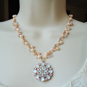 Bridal Pendant Necklace, White Opal Crystal, Freshwater Pearl Cluster, Wedding, Jeweled, Statement, Choker, Rhinestone, Gift, Handmade