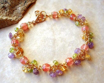 Multi Gemstones Cluster Bracelet, Cherry Quartz, Purple Amethyst, Citrine, Green Peridot, Pink, Gold, Silver, Bridal, Gift, Handmade.