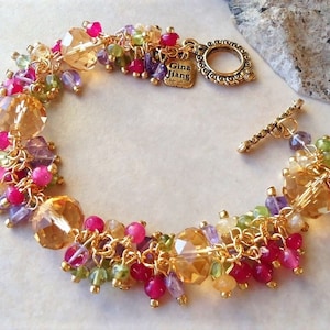 Multi Gemstones Cluster Bracelet Citrine Crystal Amethyst Peridot Quartz Jade Gold Wedding Beadwork Bridal Statement Colorful Gift Handmade