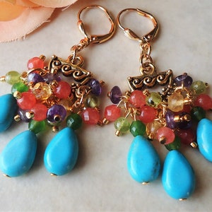 Multi Gemstones Chandelier Earrings Cluster Turquoise Stone Amethyst Peridot Citrine Rose Gold Silver Dangle Statement Bridal Handmade