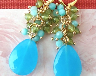 Pendientes de calcedonia aguamarina en racimo: joyería nupcial, regalo, hechos a mano