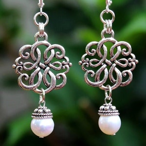 Silver Dangle Earrings White Freshwater Pearl Drop Wedding Metal Silver Statement Beadwork Bridal Birthday Holiday Formal Handmade