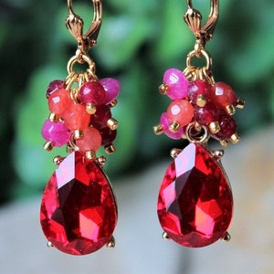 Red Garnet Cluster Earrings Multi Gemstones Jade Crystal Jeweled Gold Statement Bridal Rhinestone Formal Long Ruby Pink Rose Dangle Handmade