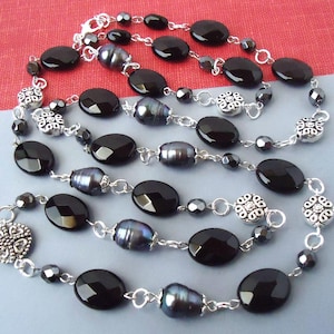 Long Necklace Black Onyx Stone Tahitian Black Pearl Silver Gold Lariat Statement Double Strand Layering Bridal Chunky Jet Gift Handmade.