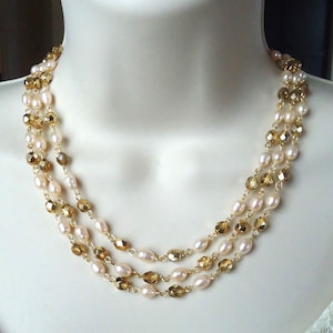 Süßwasserperle Dreifach Strang Halskette Kristall Gold Statement Braut Elfenbein Chunky Weiß Multi Strang Formelle Geschenk Handgemacht