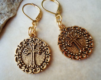 Cross Dangle Earrings Metal Gold Silver Drop Bridal Statement Charm Dainty Round Religious Spiritual Confirmation Christian Gift Handmade