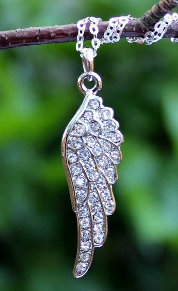 Angel Wing Pendant Necklace Gold Filled Chain Swarovski Crystal Bridal Bridesmaid Spiritual Confirmation Valentine Layer Gift Handmade
