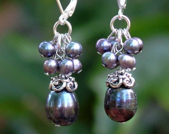 Baroque Black Pearl Cluster Earrings Silver Gold Dangle Drop Earrings Black Pearl Peacock Bridal Statement Formal Gift Handmade