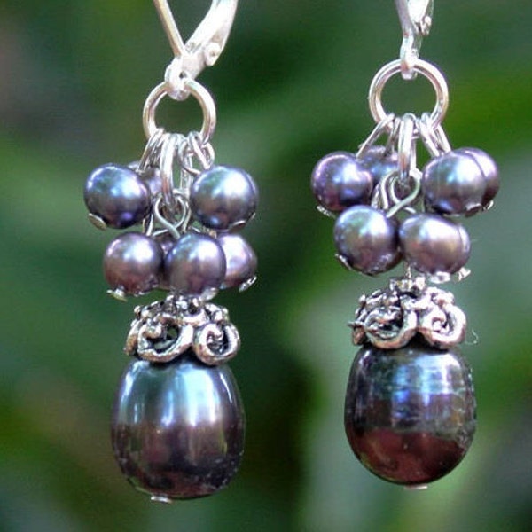 Baroque Black Pearl Cluster Earrings Silver Gold Dangle Drop Earrings Black Pearl Peacock Bridal Statement Formal Gift Handmade