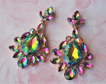 Emerald Green Cluster Earrings Swarovski Crystal Aurora Borealis Jeweled Gold Dangle Statement Bridal Wedding Post Formal Gift Handmade