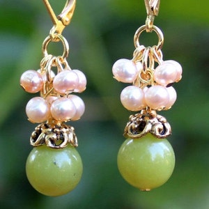 Green Jade Cluster Earrings Freshwater Pearls Gold Dangle Drop Lime Bridal Mother's Valentine Holiday Gift Handmade