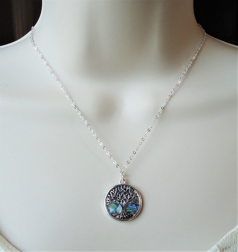 Tree of Life Pendant Necklace.Sterling Silver Chain.Abalone Shell.Metal.Silver.Judaica.Hanukkah.Bat-Mitzvah.Bridal.Bridesmaid.Gift.Handmade.