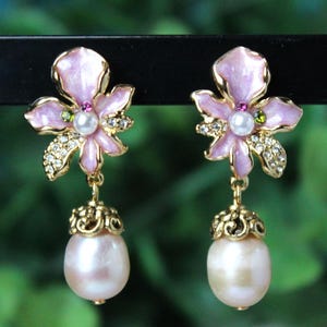 Pink Floral Dangle Earrings, Freshwater Pearl Drop, Jeweled, Enamel, Statement, Bridal, Rhinestone, Post Earrings, Gold, Flower, Handmade