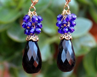 Black Onyx Stone Cluster Earrings Cobalt Blue Crystal Gold Silver Dangle Earring Statement Bridal Long Earrings Gift Navy blue Handmade