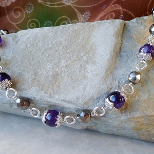 Amethyst Gemstone Choker Necklace Black Crystals Purple Stone Metal plated in Sterling Silver Bridal Beaded Statement Formal Gift Handmade
