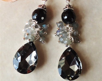 Multi Gemstone Cluster Earrings Smoky Grey Crystal Black Onyx Labradorite Stone Silver Statement Bridal Wedding Long Formal Gift Handmade