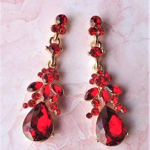 Garnet Crystal Dangle Post Earrings: Red Ruby Rhinestone, Gold Bridal Statement Jewelry, Gift, Handmade