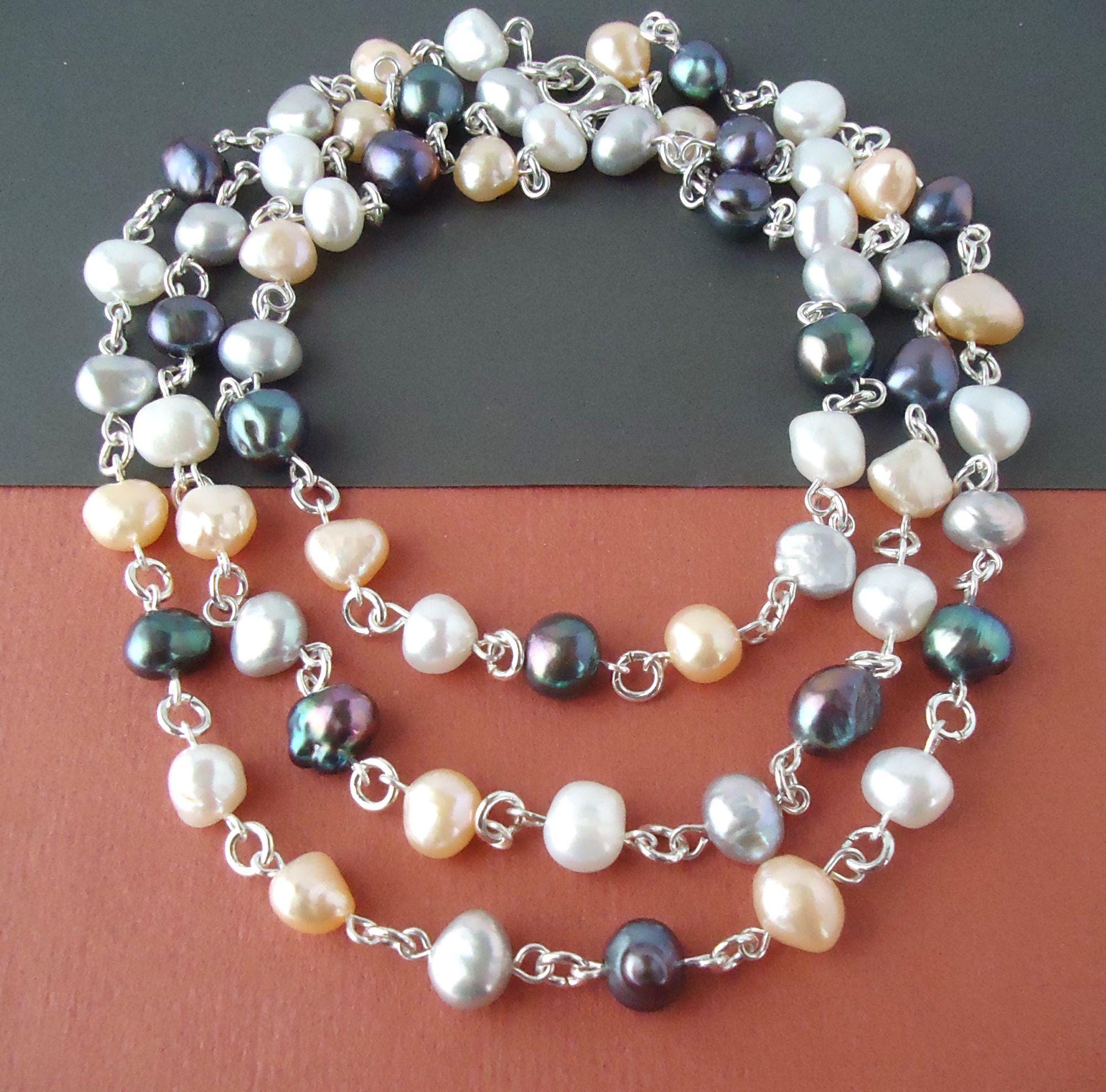 Long Necklace, Freshwater Pearl, Black Peacock Pearl, Silver