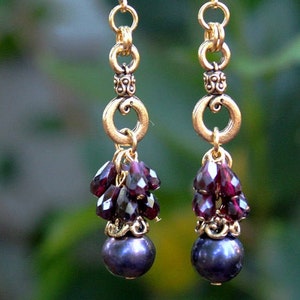 Garnet Gemstone Dangle Earrings Baroque Black pearl Metal Gold Drop Cluster Chandelier Statement Ruby Red Bridal Mother&#39;s Gift Handmade