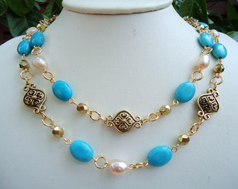 Sautoir Double Rang Perles De Culture, Turquoises Et Sodalite – Collier Long Occasion
