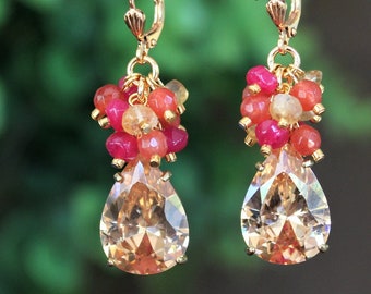 Blush Champagne Cluster Earrings.Multi Gemstones.Swarovski Crystal.Jeweled.Statement.Bridal.Wedding.Hot Pink.Rose.Cittrine.Formal.Handmade.