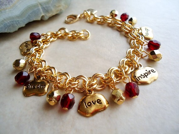 Inspirational Word Charm Bracelet: Garnet Crystals, Gold Metal