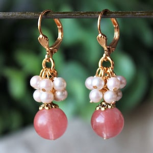 Cherry Quartz Cluster Earring Freshwater Pearls Rose Gold Silver Dangle Earrings Drop Pastel Bridal Pink Gift Handmade
