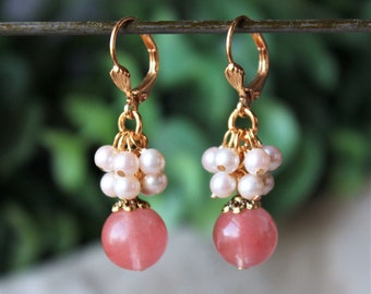 Cherry Quartz Cluster Earring Freshwater Pearls Rose Gold Silver Dangle Earrings Drop Pastel Bridal Pink Gift Handmade