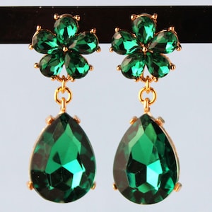 Emerald Green Crystal Dangle Post Earrings: Rhinestone Gold Bridal Jewelry, Handmade