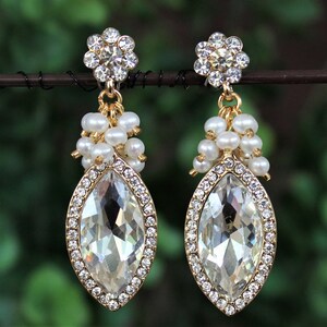 Bridal Cluster Earrings, Post Earrings, White Pearls, Swarovski Crystal, Jeweled, Gold, Statement, Wedding, Rhinestone, Gift, Handmade