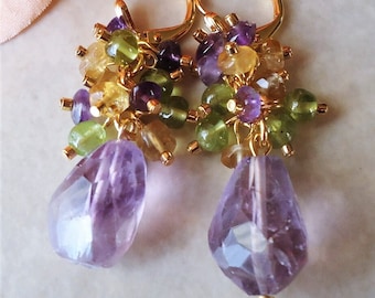 Purple Amethyst Cluster Earrings: Citrine, Peridot, Bridal Statement Jewelry, Gift, Handmade