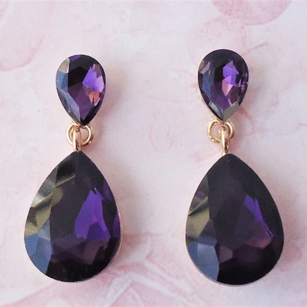 Amethyst Crystal Dangle Earrings Post Earrings Jeweled Crystal Purple Gold Bridal Statement Pink Wedding Lavender Formal Gift Handmade