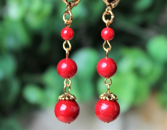 Red Coral Stone Dangle Earrings: Gold & Silver Triple Drop, Bridal Statement Jewelry, Gift, Handmade