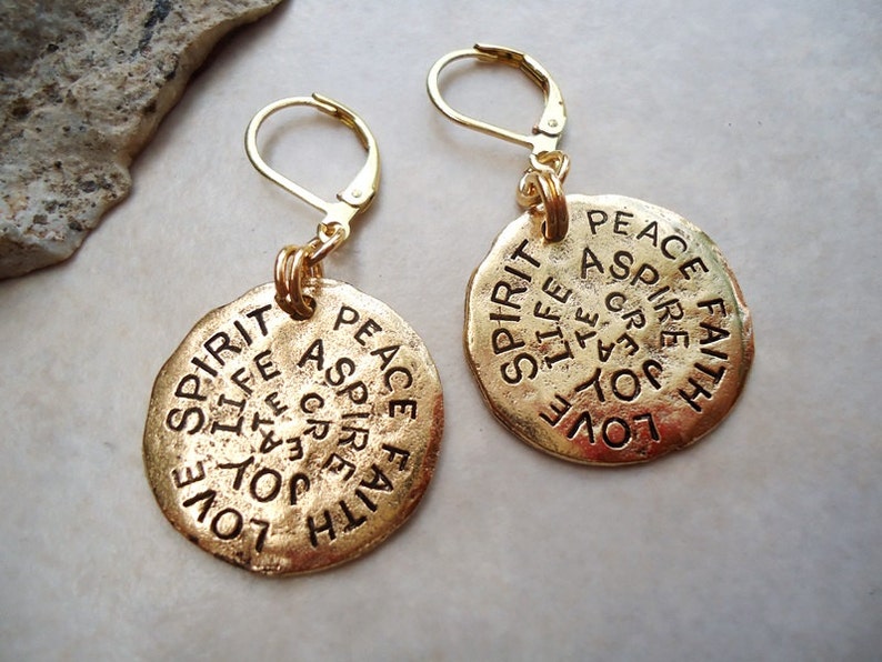 Inspirational Words Dangle Earrings Hammered Metal Earrings Gold Silver Drop Bridal Valentine Graduation Birthday Gift Handmade image 3