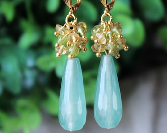 Multi Gemstone Cluster Earrings Green Jade Dangle Earrings Peridot Citrine Gold Silver Statement Bridal Chandelier Formal Gift Handmade