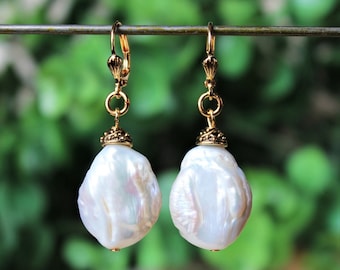 Large Keshi Coin Pearl Dangle Earrings White Freshwater Pearl Silver Gold Wedding Bridal Valentine Baroque Pearl Statement Gift Handmade