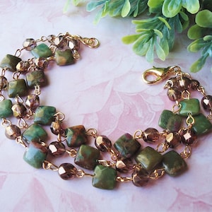 Ruby in Fuchsite Gemstone Bracelet Triple Strand Green Stone Gold Silver Beadwork Bridal Statement Chunky Multi Strand Gift Handmade