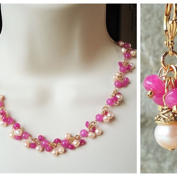 Hot Pink Jade Gemstone Cluster Necklace Dangle Earrings Jewelry Set Pearl Beaded Gold Silver Bridal Statement Choker Rose Formal Handmade