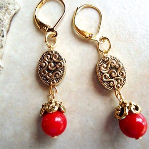 Red Coral Dangle Earrings: 24k Gold Plated, Handmade Bohemian Jewelry