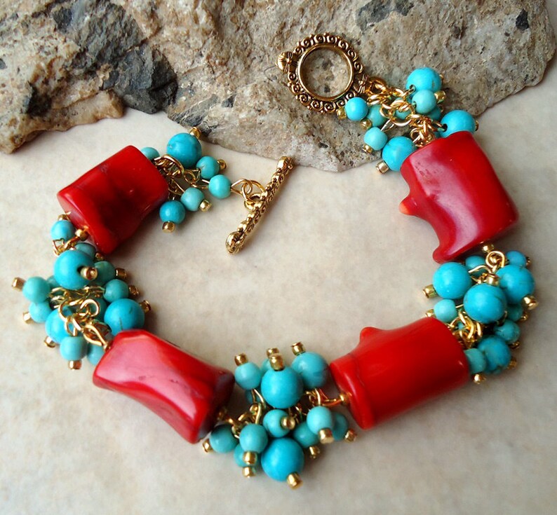 Multi Gemstones Cluster Bracelet.Red Coral.Blue Turquoise Stone.24k Gold plated.Beadwork.Bridal.Chunky.Colorful.Statement.Toggle.Handmade.