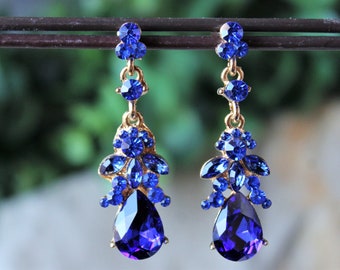 Blue Sapphire Crystal Rhinestone Dangle Post Earrings: Bridal Statement Jewelry, Gift, Handmade