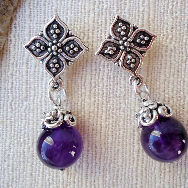 Amethyst Gemstone Dangle Earrings Metal Silver Post Earrings Drop Beadwork Valentine Bridal Birthday Gift Purple Handmade