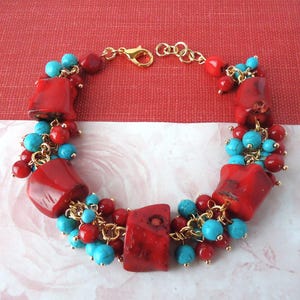 Red Coral Gemstones Cluster Bracelet, Blue Turquoise Stone, Beadwork, Bridal, Chunky, Colorful, Statement, Formal, Gift, Handmade