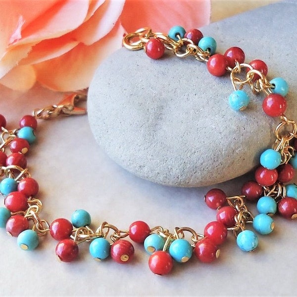 Multi Gemstones Cluster Bracelet Red Coral Blue Turquoise Stone Gold Silver Beadwork Bridal Bohemian Colorful Statement Gift Handmade