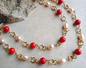 Collar largo de coral rojo: perla de agua dulce, doble hebra, joya nupcial, regalo, hecho a mano.