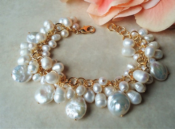 White Freshwater Pearl Cluster Bracelet: Baroque Coin Pearls  display picture 2