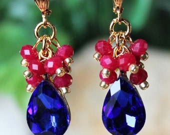 Blue Sapphire Crystal Cluster Earrings Red Ruby Jade Gemstone Jeweled Statement Bridal Wedding Chandelier Dangle Navy Drop Gift Handmade