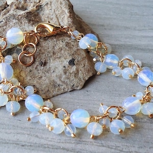 Opalite Gemstone Cluster Bracelet White Opal Swarovski Crystal Bridal Statement Wedding Chunky Gold Silver Beaded Formal Holiday Handmade