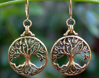 Tree of Life Dangle Earrings Gold Metal Drop Statement Bridal Hammered Judaica Hanukkah Bat-Mitzvah Bohemian Handmade